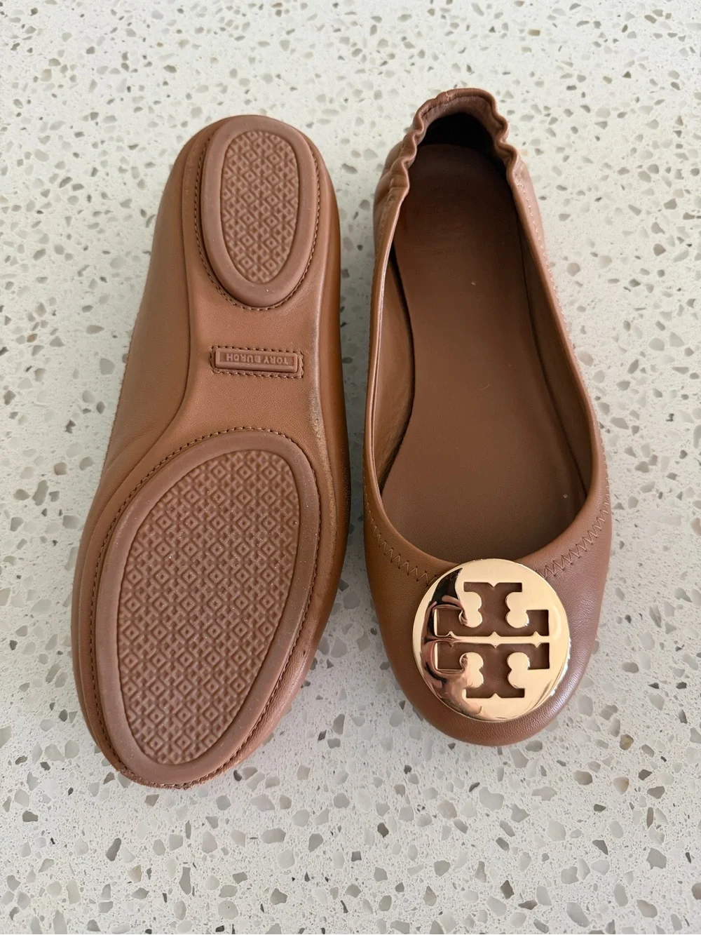 Tory Burch Reva Flats Tan Leather Logo Round-Toe Ballet Flats